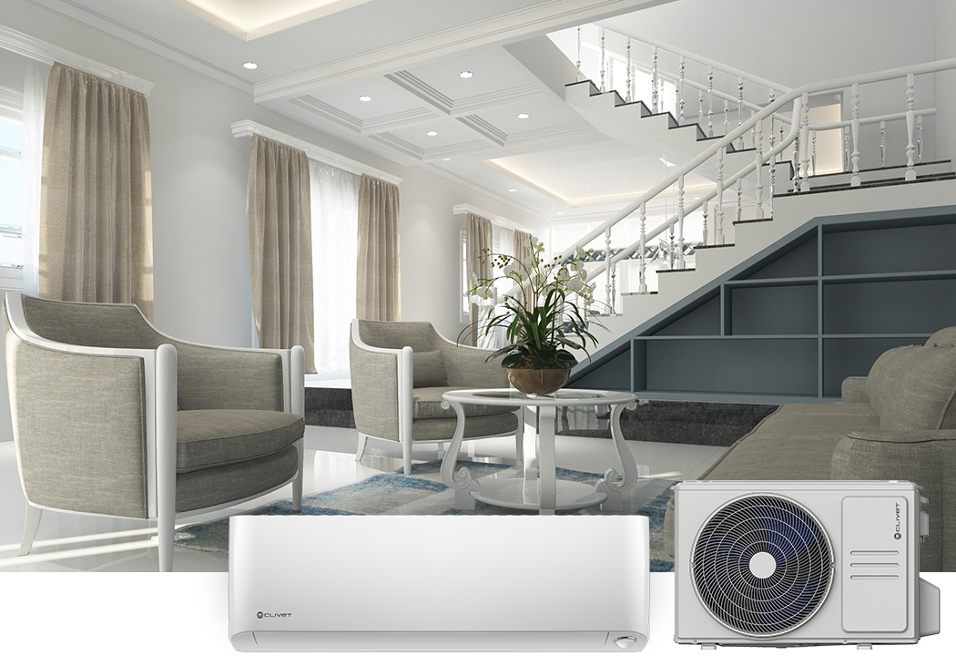 Salón contemporáneo en el que destaca una unidad interior y exterior de un sistema split.