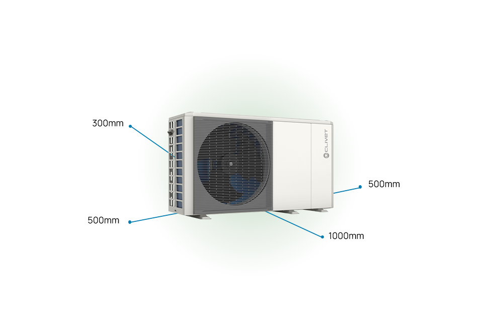EDGE EVO 2.0 - EXC, the spaces required for installation are: 500 millimetres both sides, 300 millimetres rear, 1000 millimetres front.