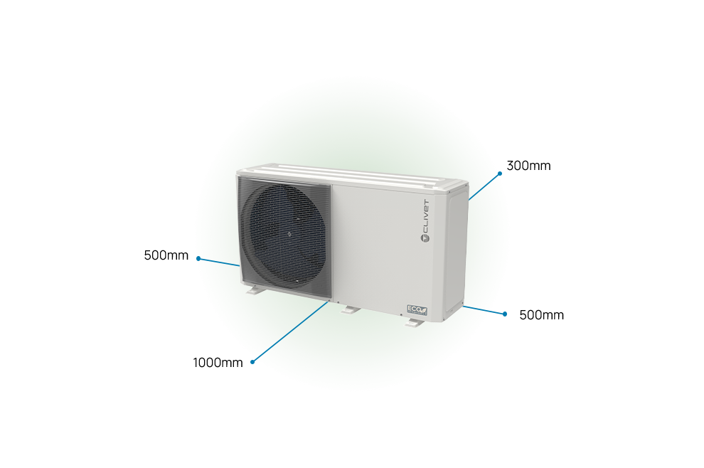 Distanze da mantenere unità interna 1000millimetri frontale, 500 millimetri lateralmente ambo i lati, 300 millimetri lato posteriore