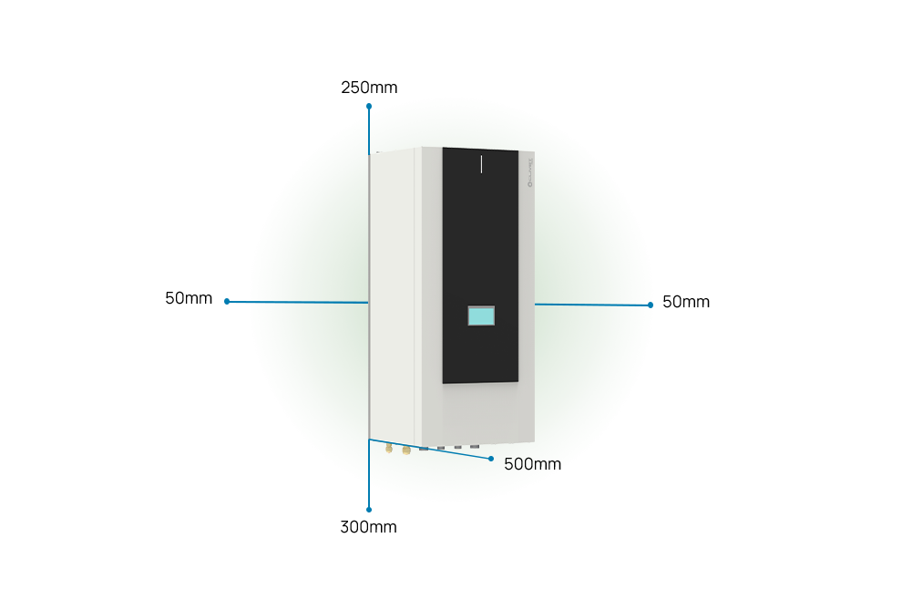 Respect distances to be maintained: 50 millimetres side both sides, 500 millimetres front, 300 millimetres bottom, 250 millimetres top.