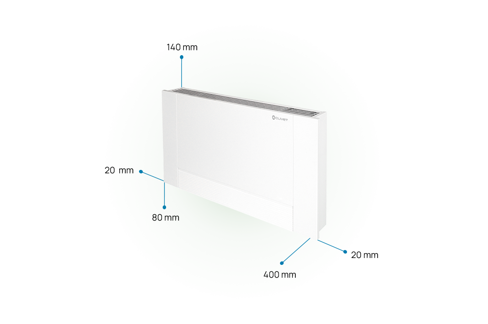 Respect distances to be maintained from the ELFOROOM2 unit: 140 millimetres top, 20 millimetres both sides, 80 millimetres above, 400 millimetres front.